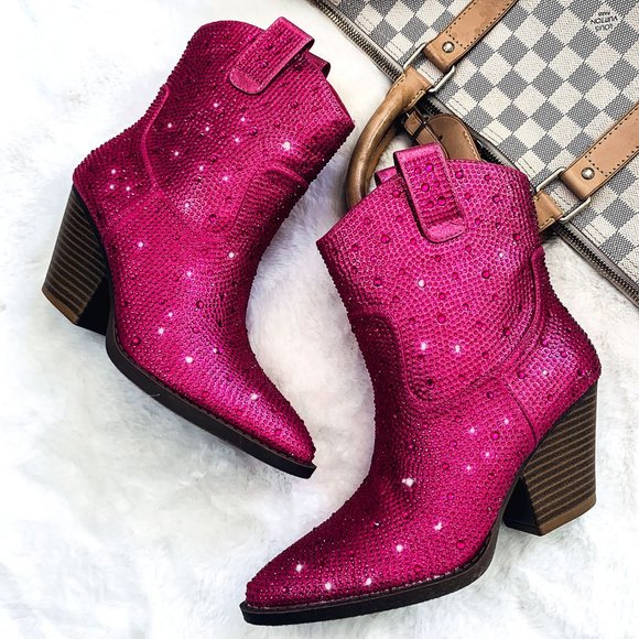 Shoes | New Fuchsia Hot Pink Rhinestone Cowgirl Western Ankle Booties ...